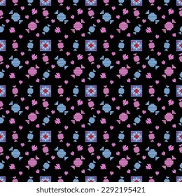 Candies Cross Stitch Embroidery on black  background.geometric ethnic oriental seamless pattern traditional.Aztec style abstract vector illustration.design for texture,fabric,clothing,wrapping.