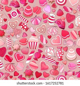 Candies and delicious pattern. Candy collection print. Valentine's day sweets background. Candy, cookies, cupcakes, pink heart shape sweets desserts, marshmallow. Hand drawn  valentines day delicious.