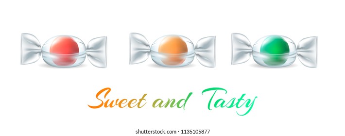 Candies dessert realistic vector set.Delicious shiny colorful sweet tasty bonbons in plastic wrap on white background.Concept for confectionery business,bakery,cafe,sweets store,restaurant menu
