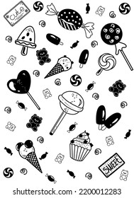 Candies doodle seamless pattern in black and white. Vector