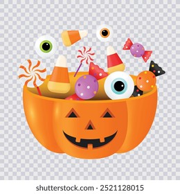 Candies explode from orange pumpkin box isolated on transparent background for Halloween theme concept,  Vector illustration