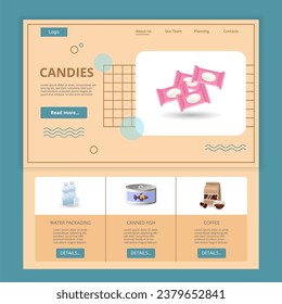 Plantilla del sitio web de la página de aterrizaje plana de los Candies. Embalaje de agua, pescado enlatado, café. Banner web con encabezado, contenido y pie de página. Ilustración vectorial.