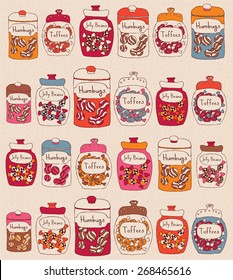 Candies in glass jars. Seamless pattern.