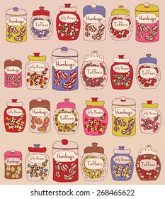 Candies in glass jars. Seamless pattern.