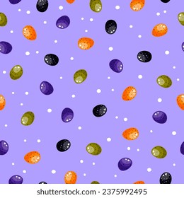 Candies halloween pattern on a purple background. Sweet Halloween candy seamless pattern. Trick or treat background. Sweets repeated texture. Candy print, wallpaper vector illustration