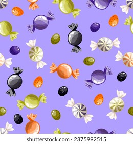 Patrón de halloween de caramelos en un fondo morado. Dulce patrón de caramelos sin costuras de Halloween. Trick o tratar el fondo. Dulces textura repetida. Impresión de candy, ilustración vectorial de fondo de pantalla