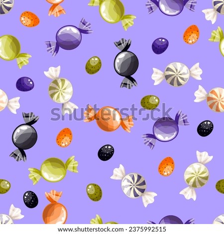 Candies halloween pattern on a purple background. Sweet Halloween candy seamless pattern. Trick or treat background. Sweets repeated texture. Candy print, wallpaper vector illustration