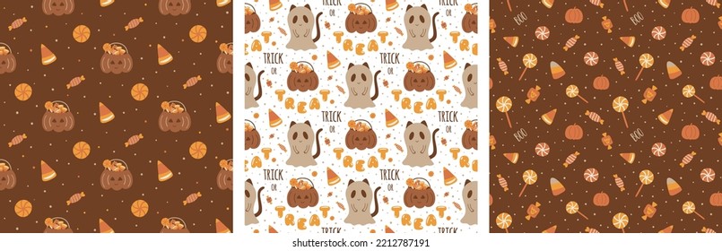 Candies halloween pattern set  Sweet Halloween candy seamless patterns collection  Trick treat background  Cute cartoon Halloween candy wrapping paper  Pumpkin  ghost vector illustration wallpaper 