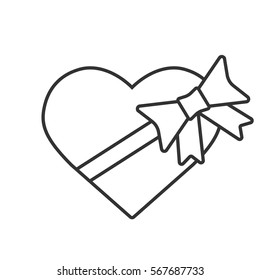 Candies heart box linear icon. Thin line illustration. Valentine's Day present with ribbon bow contour symbol. Vector isolated outline drawing