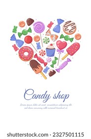 Candies in heart shape banner concept. Caramel on sticks, ice cream in chocolate glaze. Jelly bear and cupcake. Dessert and delicacy, gourmet. Flyer and leaflet. Cartoon flat vector illustration