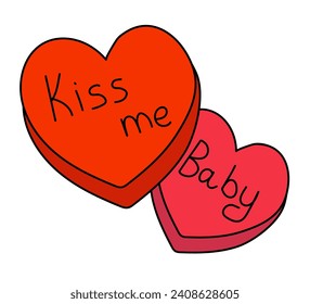 Candies hearts with text. Kiss me and baby. Valentine day element. Vector flat illustration.