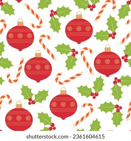 Candies, holly berries and Christmas balls. Design for gift wrapping paper, fabric, clothing, textile, wallpaper.