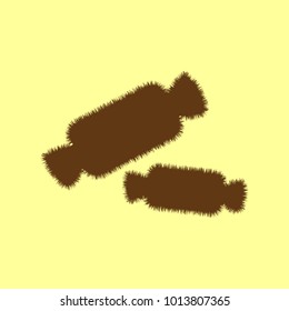 Candies icon. Vector. Brown hairy icon on yellowish background. Isolated.