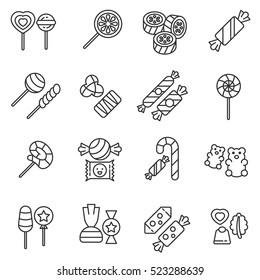 Candies icons set. Various sweets, thin line design. Sugar and chocolate products, linear symbols collection. Production of sweets, isolated vector illustration.