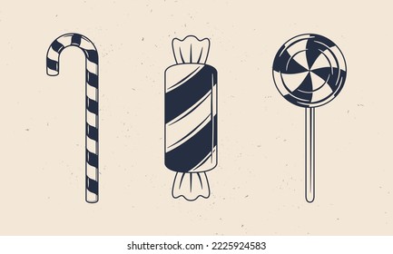 Candies icons set. Vintage sweets icons isolated on white background. Peppermint and Lollipop candy. Design elements for logo, poster, emblem. Vector illustration