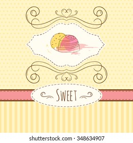 Candies illustration. Vector hand drawn card with watercolor splashes. Sweet polka dots and stripes design. Invitation card template. Chocolate candy