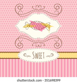 Candies illustration. Vector hand drawn card with watercolor splashes. Sweet polka dots and stripes design. Invitation card template. Caramel candy