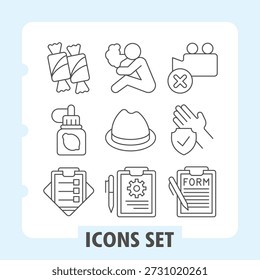 Candies, lemon jar, checklist simple icons set depicting office tools, work and business items in outline style for apps and print on white background. Set of nine thin line icons