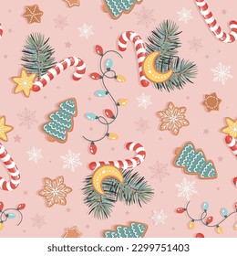 Candies, lights, gingerbreads and pine. Seamless pattern with vector hand drawn art