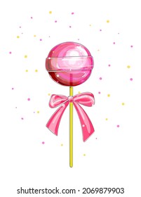 Candies, lollipop with bows . Vector sweets, red lollypops isolated on white background. Twisted and Swirling Lollipops on Sticks