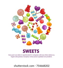 Candies and lollipop or caramel sweets and confectionery candy comfits poster. Vector hard candy heart and chocolate candy in wrapper, marmalade bears and sugar suckers for shop or birthday