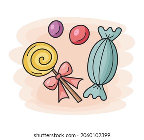 Candies and lollipop in doodle style. Food icon for bars, restaurants and shops.