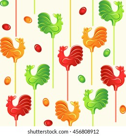 Candies lollipop roosters seamless pattern. Colorful vector illustration.