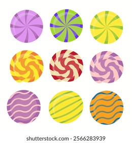 Candies, lollipop, sugar caramel and twisted marshmallow. Vector set of sweets, spiral lollypops, striped bonbons isolated on white background. Vector