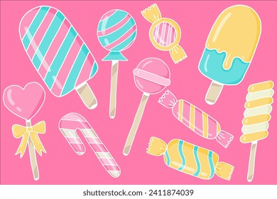 Cañones, chupete, caramelo de azúcar en envoltura, encías y malvavisco torcido en palo. Conjunto vectorial de dulces, lópops espirales, bonificaciones rayadas y soplones aislados en fondo rosa