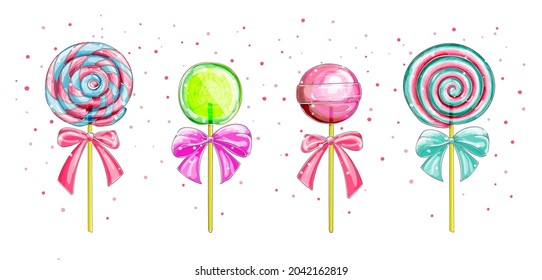 Candies, lollipop. Vector set of sweets, spiral striped lollypops, isolated on white background. Twisted and Swirling Lollipops on Sticks