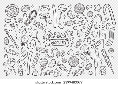 Candies, lollipops and gummies isolated on transparent background. Doodle sweets elements. Hand-drawn clip arts. Vector Illustration.