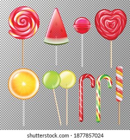 Candies lollypops various tastes shapes flavors realistic set with striped swirl heart cane ball transparent vector illustration