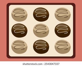 Candies made of dark and white chocolate in a box on a pink background. Sweets, confectionery, dessert. Vector illustration