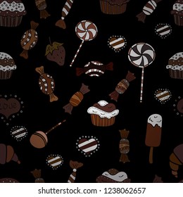 Candies on seamless background. Vector. Watercolor illustration on white, brown and black colors.
