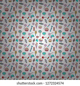 Candies on seamless background. Vector. Watercolor illustration on white, blue and black colors.