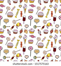 Candies on seamless background. Vector. Watercolor illustration on white, beige and black colors.