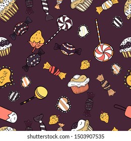 Candies on seamless background. Watercolor illustration on brown, white and black colors. Vector.