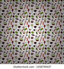 Candies on seamless background. Watercolor illustration on black, red and white colors. Vector.