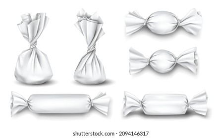 Candies packages realistic set. Sweet food packaging blank white mockups for branding design. Collection of isolated caramel candies and chocolate bars in plastic wrap. Vector illustration