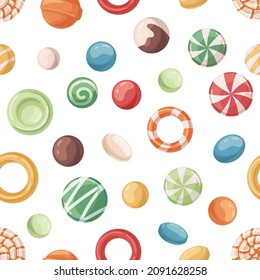 Candies pattern. Seamless repeating background with sweets. Endless design with confectionery print. Caramels, sugar suckers, lollies texture. Colorful flat graphic vector illustration for decoration