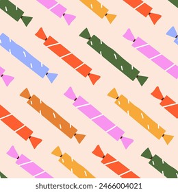 Candies pattern. Wrapped sweets, seamless background. Repeating print with confectionery in colorful wrapping. Endless repeatable design for textile, fabric, package. Kids flat vector illustration