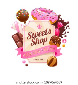 Candies poster. Sweet shop. Colorful background with sweets - donut, cake pop, chocolate bar, marshmallow twist, candies and bonbons on white background.