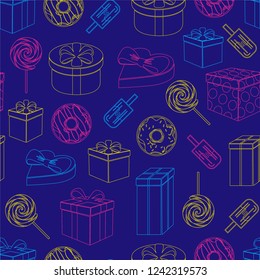 Candies/ present boxes/ donuts/ lollipops/ ice-cream/ holiday and party pattern/ seamless vector background/ Thin line background