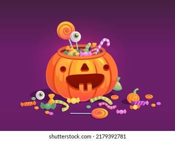 Candies in pumpkin bag. Halloween pumpkins bucket full candy box or chocolate tasty truffle sweets, trick-or-treating celebration bag for happy kids, ingenious vector illustration of halloween pumpkin