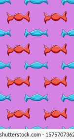 Candies in red and blue wrapper seamless pattern. Purple background