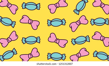 Candies and Ribbons Pattern Illustration on yellow background
