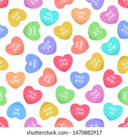 Candies Seamless Hearts Pattern. Colorful Candy, Sweets Heart For Valentine Day Love Writings, Sweetheart Message. Vector Sticker Pop Teen Wedding Confetti Texture