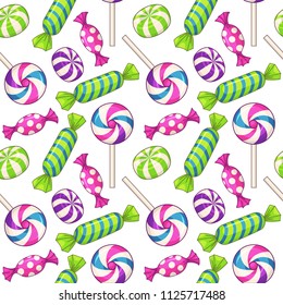 Candies seamless pattern. Vector background with various candies