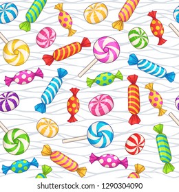 Candies seamless pattern. Vector background with various candies on background of wavy lines