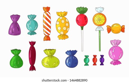 Candies set. Color candy collection. Different  lollypops, caramel, chocolate, truffle. Decoration candy icons, design  delicious elements. Hand drawn desserts images. Isolated sweets pack.